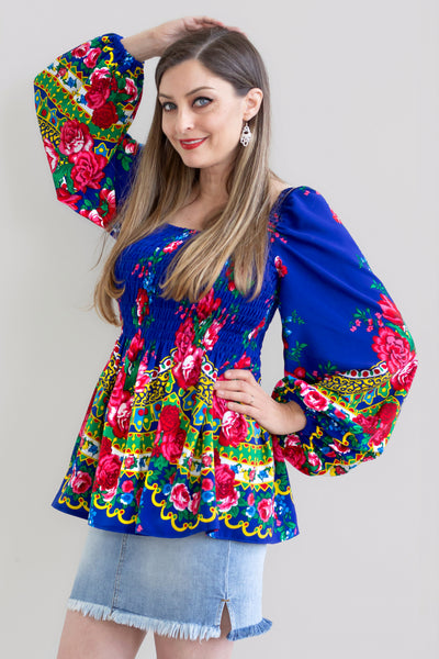 Danuta Smocked Blue Slavic Top