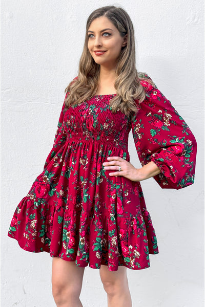 Basia Wine Mini Folk Dress