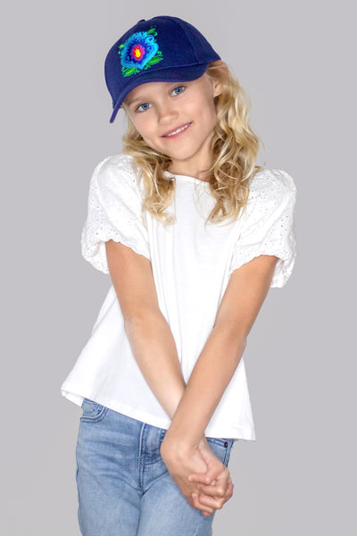 Girls Navy Folk Flower Baseball Hat
