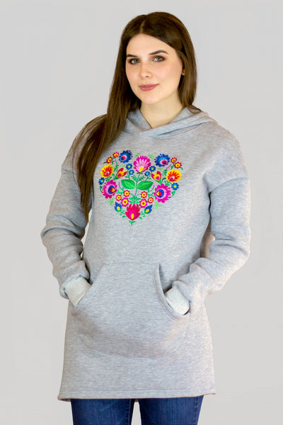 Grey Blooming Heart Embroidered Hoodie