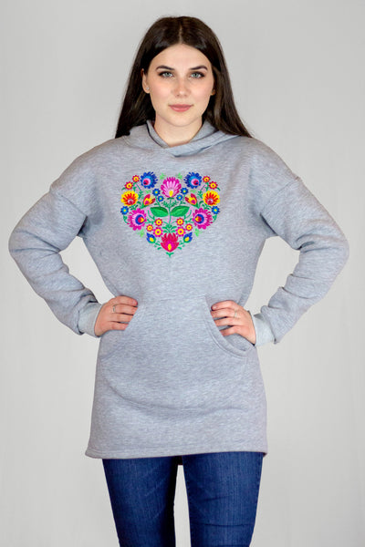 Grey Blooming Heart Embroidered Hoodie