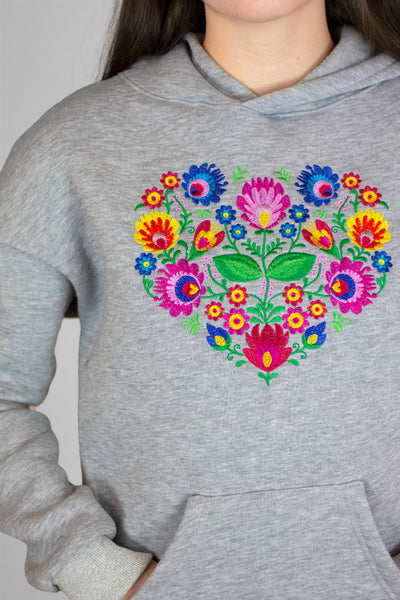 Grey Blooming Heart Embroidered Hoodie