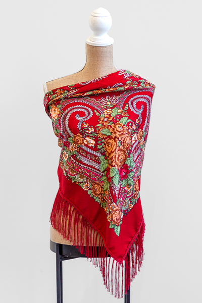 Dark Red Square Slavic Folk Scarf